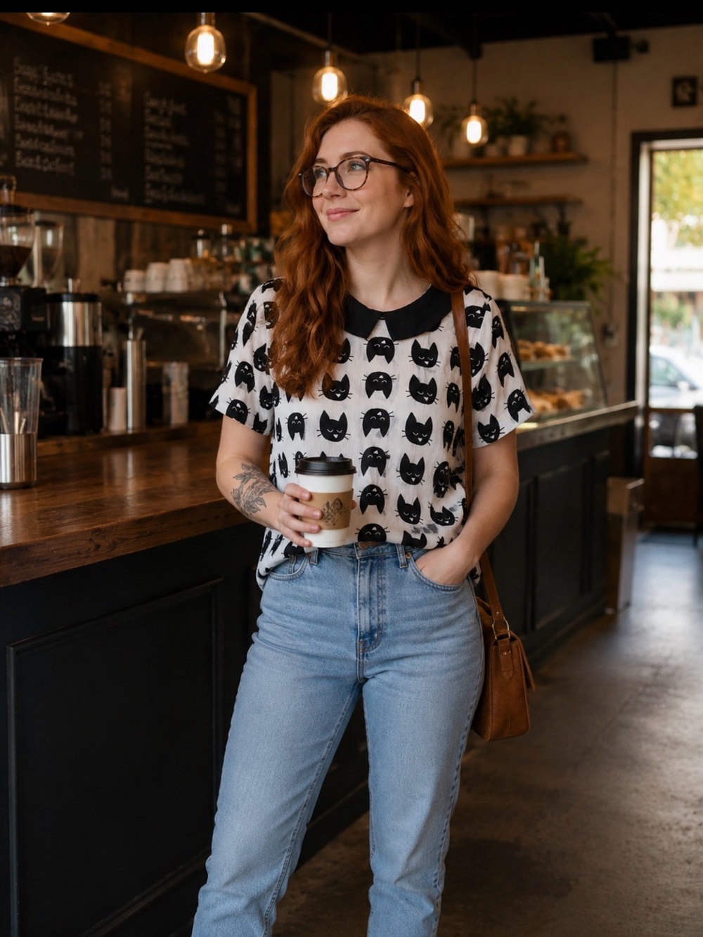Lily White Collared Black & White Cat Print  With Short Sleeve Blouse Top XL